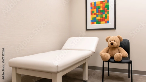 Fototapeta A clean, minimalist medical examination room with a white exam table and a teddy bear sitting on a black chair against a beige wall with colorful artwork.