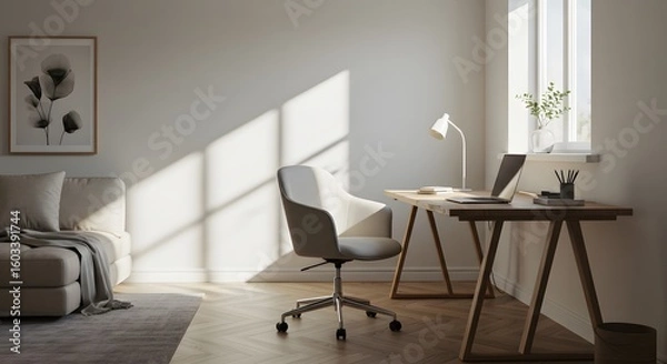 Fototapeta Serene Home Office: An inviting home office bathed in natural light. Features a desk with laptop, chair, and a comfortable seating area. The room exudes tranquility and productive atmosphere.