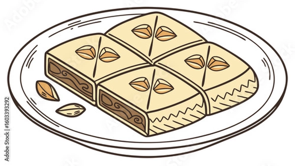 Obraz Cartoon Illustration of Four Pieces of Baklava on a Plate.