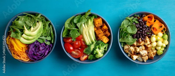 Fototapeta Healthy meal prep with three nutritious bowls on a vibrant blue background featuring greens, proteins, and colorful veggies arranged neatly.