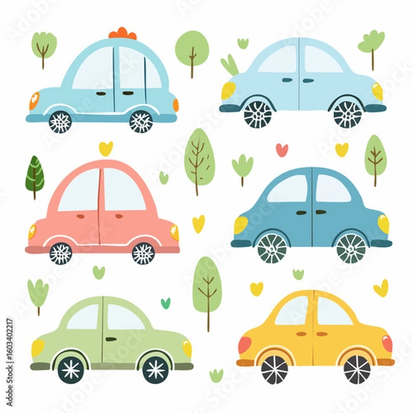 Obraz Cute childish cars. Vector kid cute doodle set.