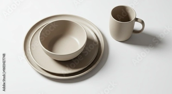 Obraz Beige Dinnerware Set on White Background