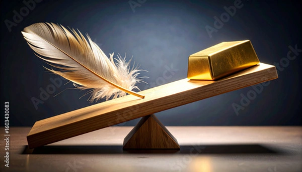Fototapeta See Saw with Gold Bar on One Side and Feather on Other. Economy Concept. Generated Image