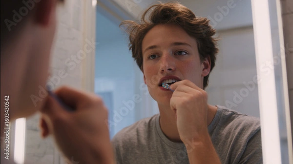 Fototapeta A teen brushing teeth while a smart mirror projects real-time dental hygiene feedback and water-saving metrics. 