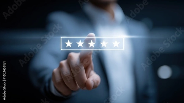Fototapeta Business professional in formal suit interacting with digital star rating interface for customer feedback on modern touchscreen device