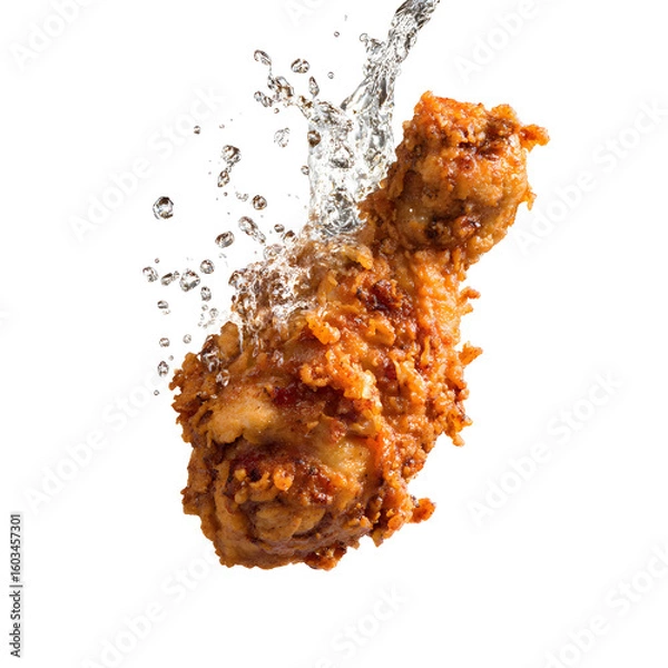 Fototapeta Crispy fried chicken leg with water splash against a black background image