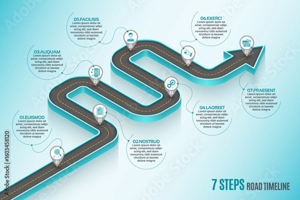 Fototapeta Isometric navigation map infographic 7 steps timeline concept. Winding road.