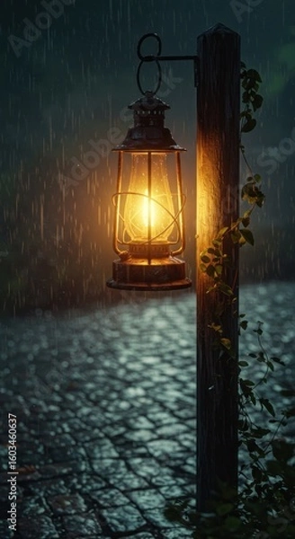 Fototapeta Old lantern glows in rainy path