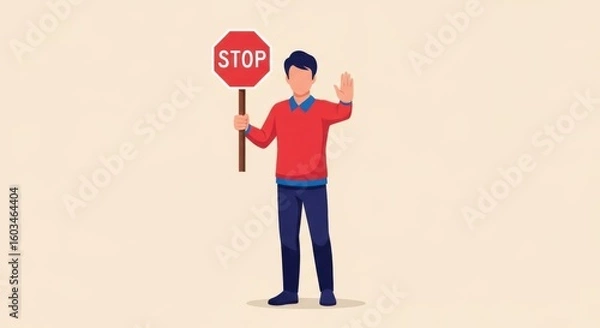 Fototapeta A man in a red sweater and blue pants holds a red stop sign and raises his hand in a halting gesture