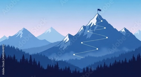 Fototapeta A winding dotted path leads to the summit of a snowcapped mountain topped with a flag symbolizing achievement and adventure
