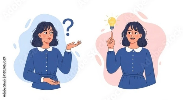 Fototapeta A woman transitions from confusion with a question mark to having a bright idea represented by a lightbulb
