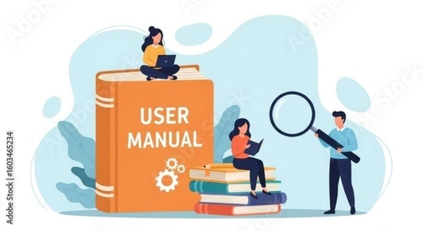 Fototapeta People interacting with a large user manual book one person using a laptop on top and another using a magnifying glass to examine information