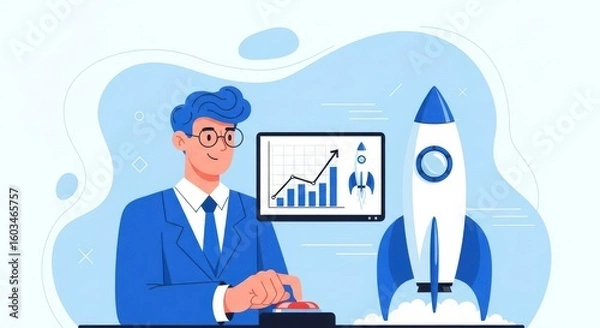 Fototapeta A businessman in a blue suit presses a red button symbolizing a business launch with a rocket and upward trending graph on a screen