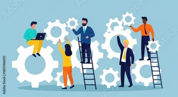 Fototapeta A diverse team of professionals works together to assemble gears symbolizing business collaboration and project success