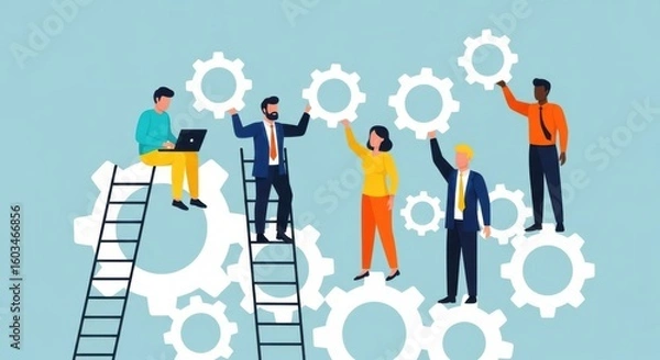 Fototapeta Diverse team of professionals working together with gears and ladders to achieve business goals