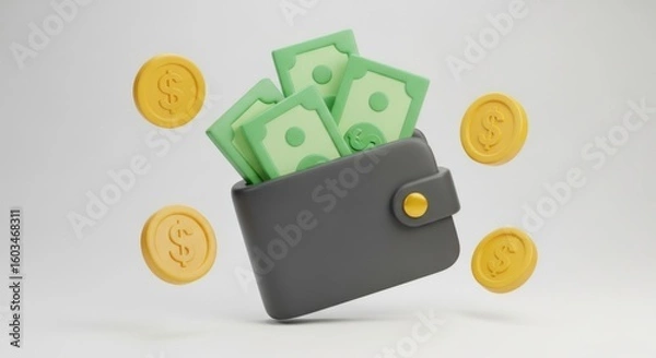 Fototapeta A 3d render of a grey wallet overflowing with green banknotes and surrounded by floating gold coins against a plain background