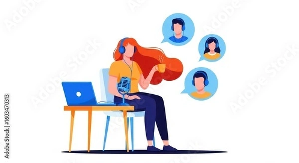 Fototapeta A woman with headphones and a microphone is recording a podcast while drinking coffee and interacting with listeners through speech bubbles