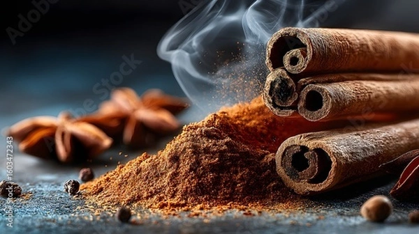 Fototapeta Close-up of cinnamon sticks and spice powders.