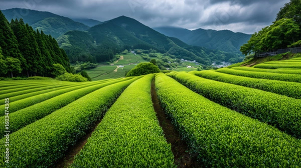 Obraz A vibrant, green matcha tea field.	A beautiful, realistic landscape shot of a lush, green tea plantation in Japan, where high-quality matcha leaves are grown, under a soft, overcast sky.
