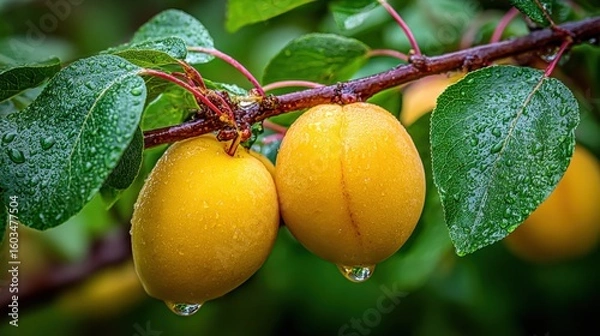 Fototapeta Fresh yellow plums hanging on a branch with green leaves covered in rain droplets, close-up of ripe juicy fruit in natural outdoor setting