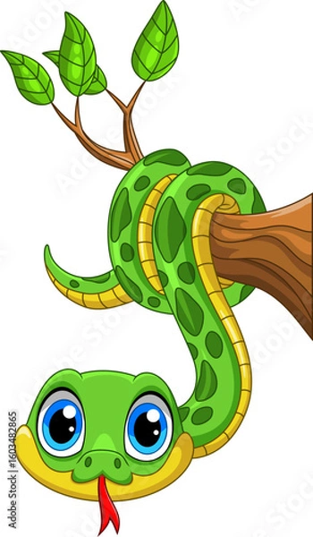 Obraz Illustration of Cute green snake cartoon on a tree branch with white background