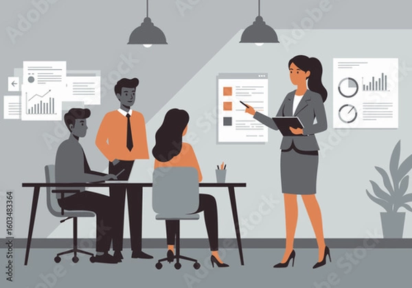 Fototapeta Business meeting woman presents to colleagues chart papers on wall office scene