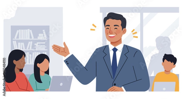 Fototapeta Smiling Businessman Presenting in a Modern Office Setting.