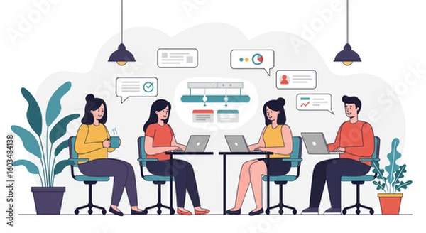 Fototapeta Team of Four Working on Laptops in Office.