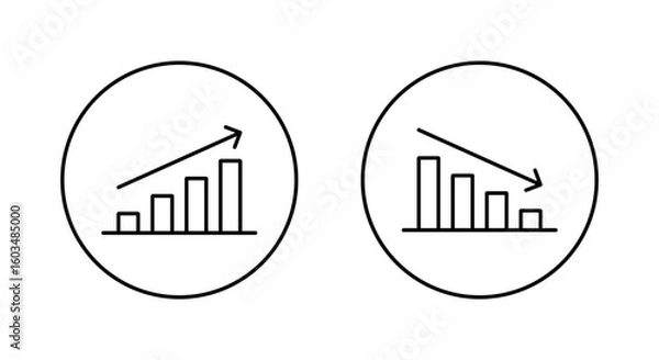 Fototapeta Up and down graph icon in circular line. Outline bar chart with uptrend and downtrend arrow symbol