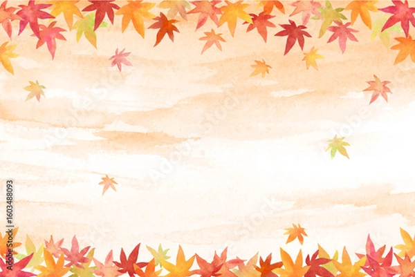 Fototapeta 水彩で描いた夕焼け空にもみじのフレーム