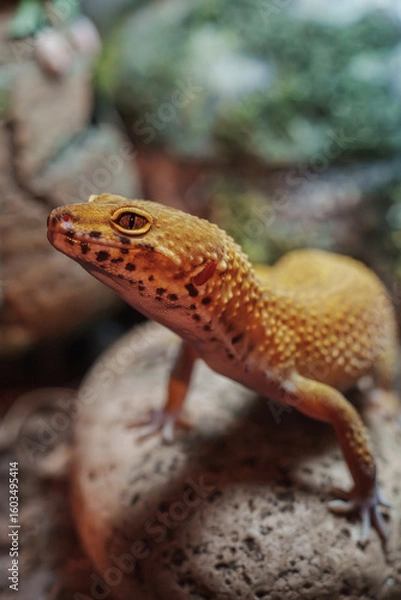 Fototapeta Close-up of a colorful leopard gecko standing on a textured rock, surrounded by a soft-focus natural environment, showcasing its vibrant hues and intricate skin patterns in a serene setting.