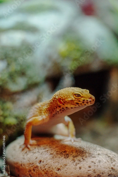 Fototapeta Golden gecko with exquisite detail, sitting atop a rock amidst a natural habitat, provides an imposing close-up view showcasing its intricate textures and vivid coloration.
