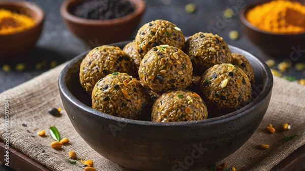 Obraz High protein energy balls with black lentils | Urad daal laddu, served in a bowl