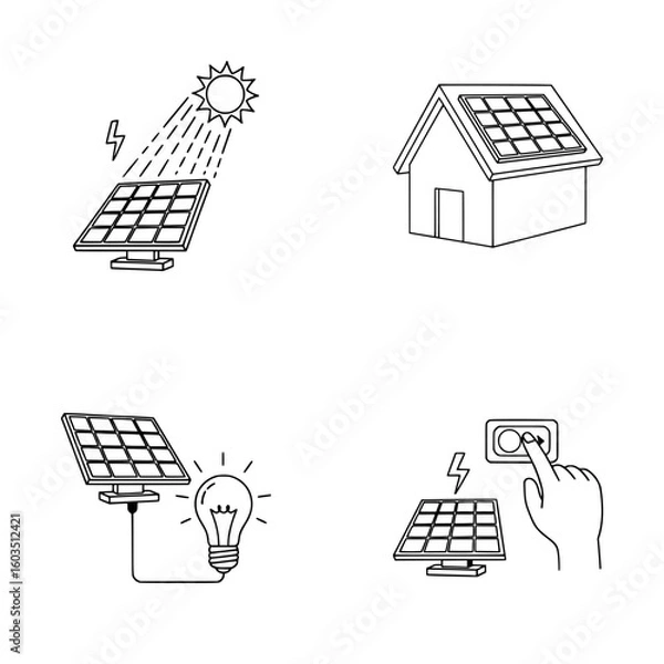 Fototapeta Minimalist linear illustration of renewable solar power, sustainable home energy, electricity conversion and solar technology