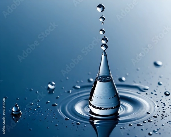Obraz Single water droplet suspended in mid-air forming splash and ripples on calm blue surface. Nature concept
