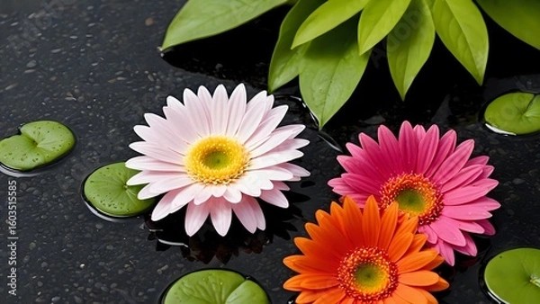 Obraz Gerbera flowers in pink orange and white floating with lily pads on dark reflective water. Nature concept
