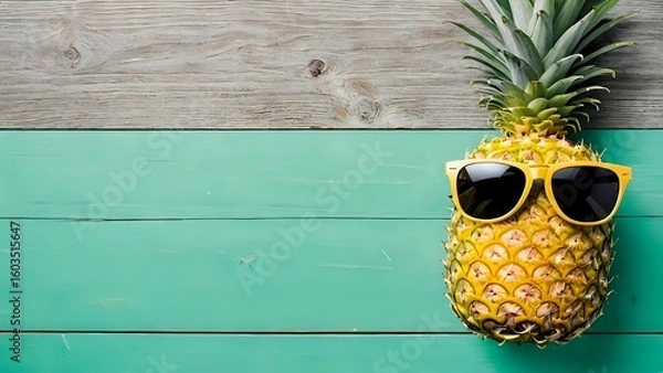Obraz Single pineapple wearing yellow sunglasses on colorful wooden background
