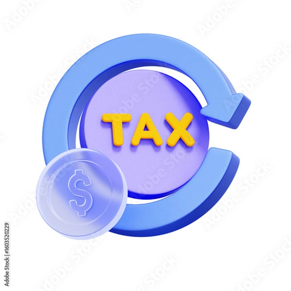 Fototapeta 3D icon of a tax coin with a dollar coin and circular arrow For tax return filing, tax refund application, income tax reimbursement, financial cycle.