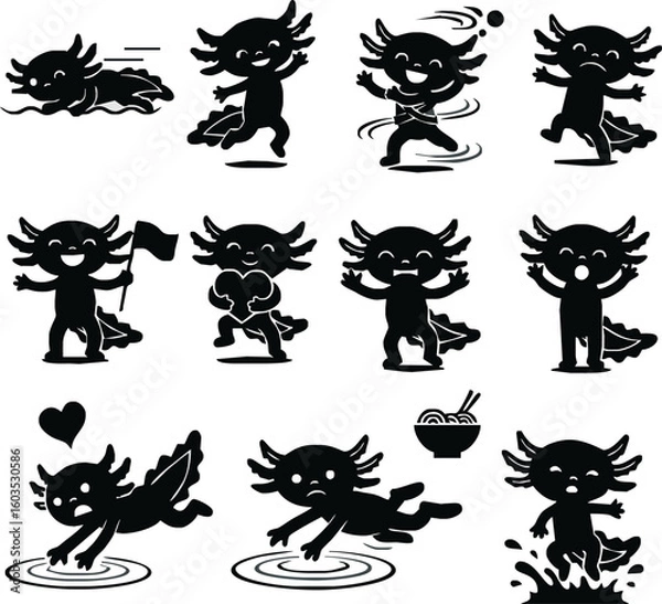 Fototapeta A collection of cute black silhouette axolotl characters in various dynamic poses and expressing different emotions.