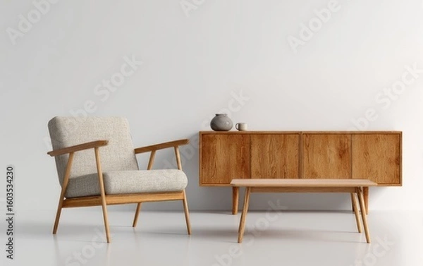 Fototapeta Minimalist room setting featuring a light beige armchair and wooden sideboard with a low coffee table against a white wall.  The room is brightly lit and showcases a simple, clean aesthetic