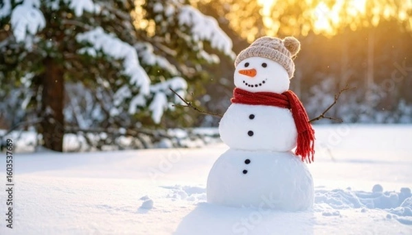 Fototapeta A delightful snowman with a red scarf and cozy hat stands in a snowy forest at sunset, capturing the essence of winter.