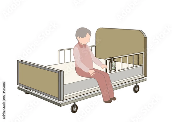 Fototapeta 介護ベットを試す老人のカラーイラスト