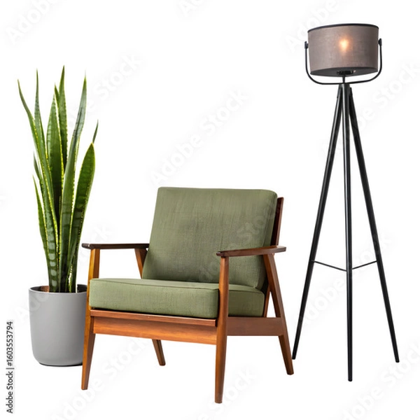 Fototapeta Stylish mid-century modern armchair with potted snake plant and tripod floor lamp