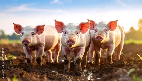 Fototapeta Three piglets in mud