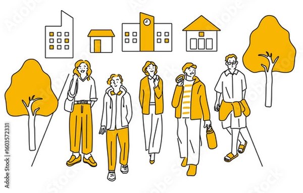 Obraz 街、大学、キャンパスでくつろぐ若い人々の線画イラストセット