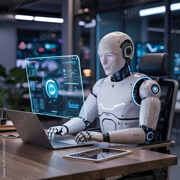 Fototapeta AI agent working on computer laptop 