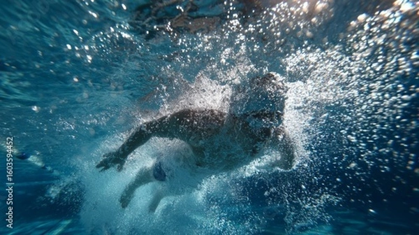 Fototapeta Person Swimming Underwater in Clear Pool with Bubbles and Sunlight Dancing on Water Surface