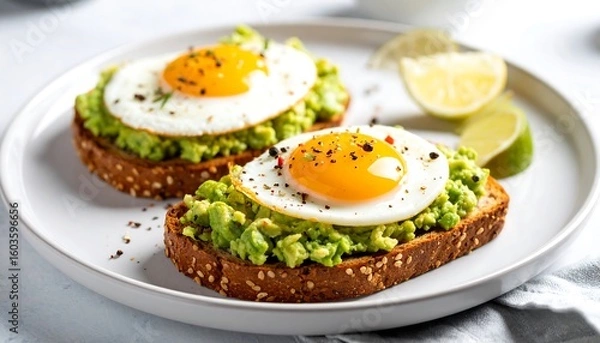 Fototapeta Two avocado toast sandwiches with fried eggs