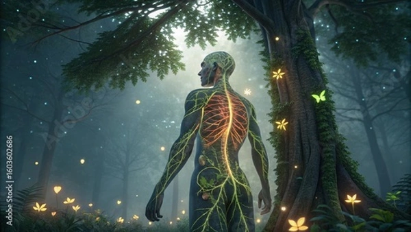 Fototapeta Anatomical figure with glowing nervous system in a mystical forest isolated on white background