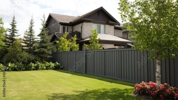 Obraz Modern Suburban Home with Privacy Fence and Lush Greenery